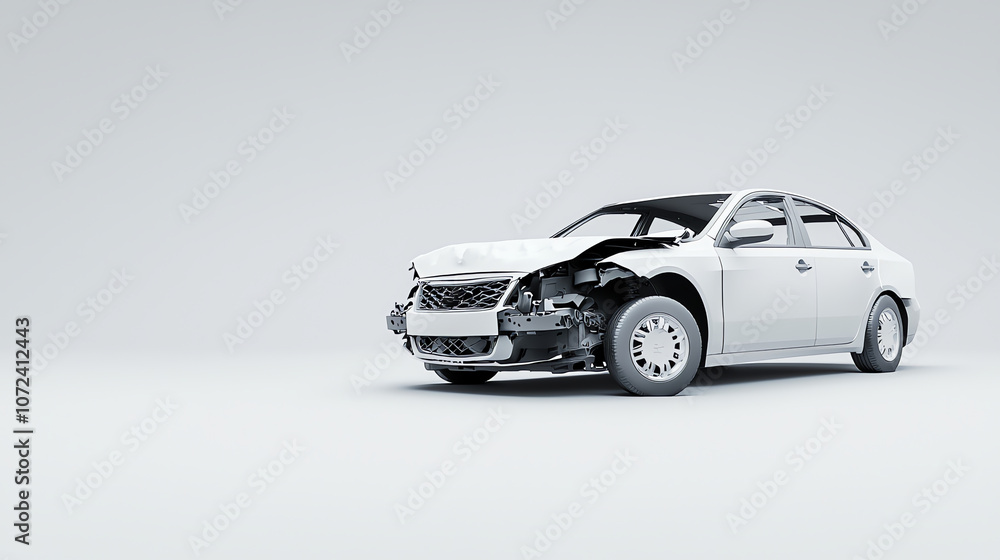Fototapeta premium Front View of a Damaged Car with Detached Bumper on Minimalist Background