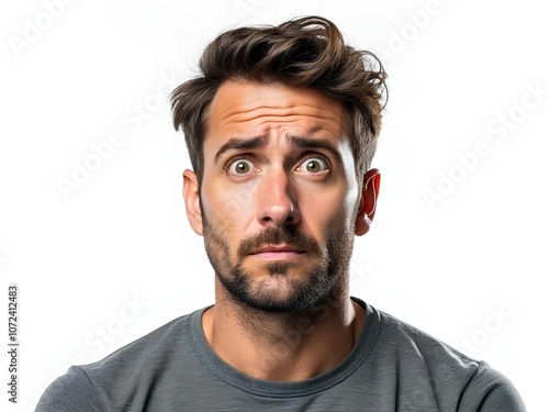 Caucasian white man worry in white background, facial expression