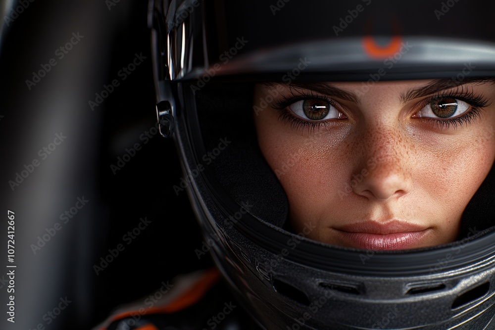 Close-up of a female race car driver in helmet preparing for competition Close-up of a female race car driver in helmet preparing for competition