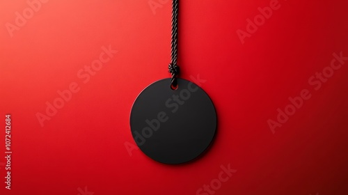 black blank anging tag against red background with free space photo