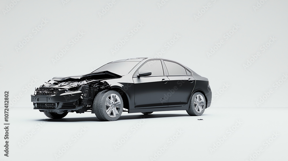Front View of a Damaged Car with Detached Bumper on Minimalist Background Front View of a Damaged Car with Detached Bumper on Minimalist Background