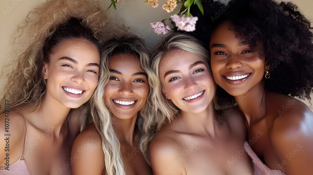 Fototapeta premium Group of Attractive African Women Laughing in Studio, Promoting Fresh Skincare and Beauty. Indoor Portrait Celebrating Diversity, Friendship, and Natural Beauty with Luxury Cosmetics and Healthy Skin