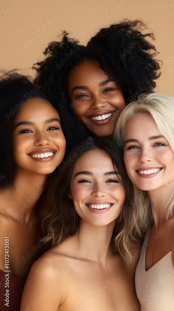 Fototapeta premium Young African Women with Beautiful Skin and Hair in Studio for a Skincare and Cosmetics Campaign. Smiling Together, They Radiate Healthy Beauty and Friendship in a Natural, Modern Indoor Setting
