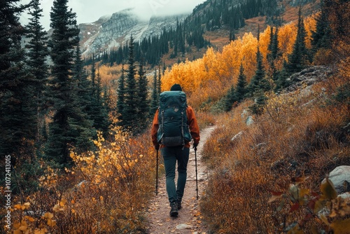Exploring the Autumn Beauty: Hiker Walking Along Mountain Pathway Amidst Vibrant Trees