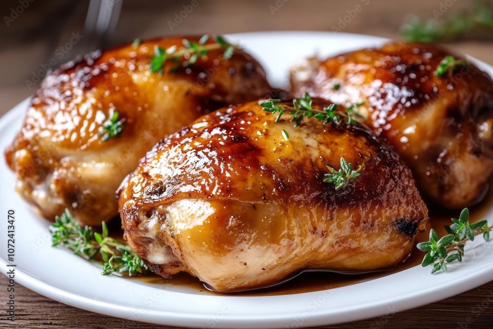 Glazed Chicken Thighs with Thyme Garnish on a White Plate Glazed Chicken Thighs with Thyme Garnish on a White Plate
