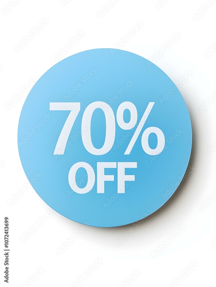 White '70% OFF' Text on a Light Blue Round Paper Note. White Background White '70% OFF' Text on a Light Blue Round Paper Note. White Background