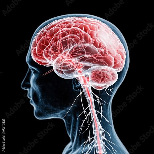  brain tissue damage caused by ischemic stroke, showing the affected area and impacted blood vessels. Ideal for medical use in educational materials, awareness campaigns, and research. 