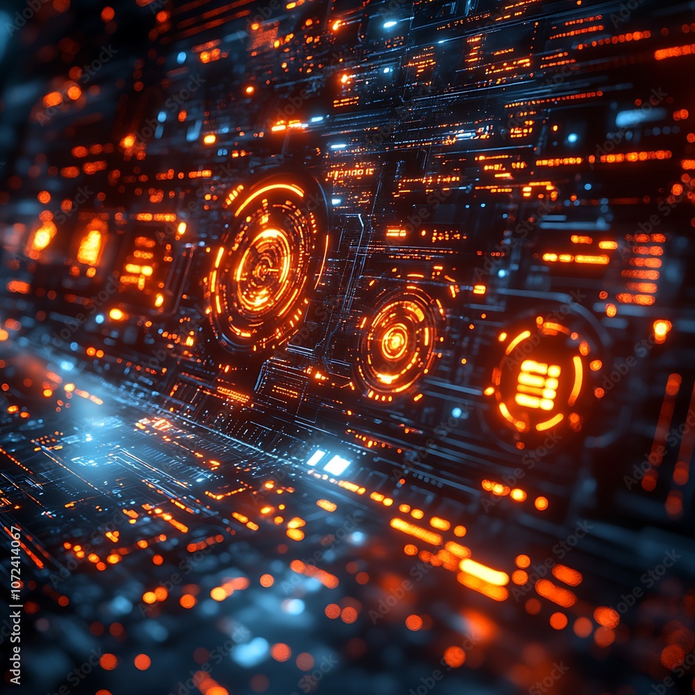 High Tech Circuit Board Design Illuminated Bright Orange Lights Picture High Tech Circuit Board Design Illuminated Bright Orange Lights Picture