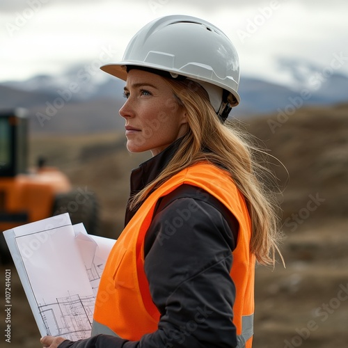 Female construction worker reviews plans at outdoor job site with machinery