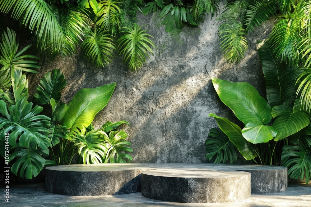 Tropical Oasis Product Showcase: Wood and Stone Display Podium in Lush Green Jungle Setting Tropical Oasis Product Showcase: Wood and Stone Display Podium in Lush Green Jungle Setting