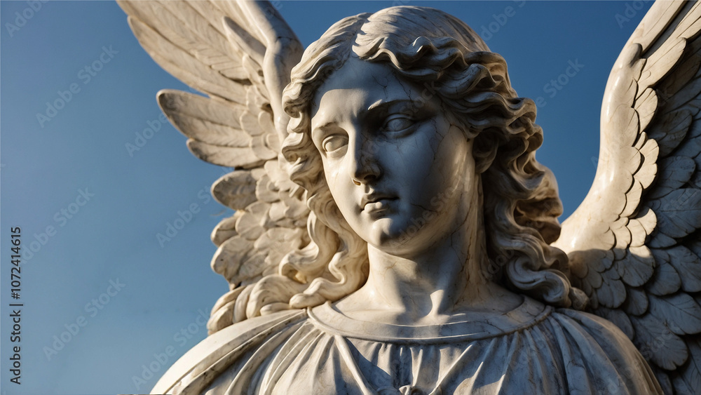 Italian marble angel statue with detailed wings under blue sky Italian marble angel statue with detailed wings under blue sky