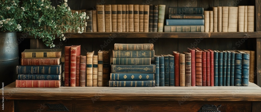 Collection of antique hardback books on a wooden shelf. Collection of antique hardback books on a wooden shelf.