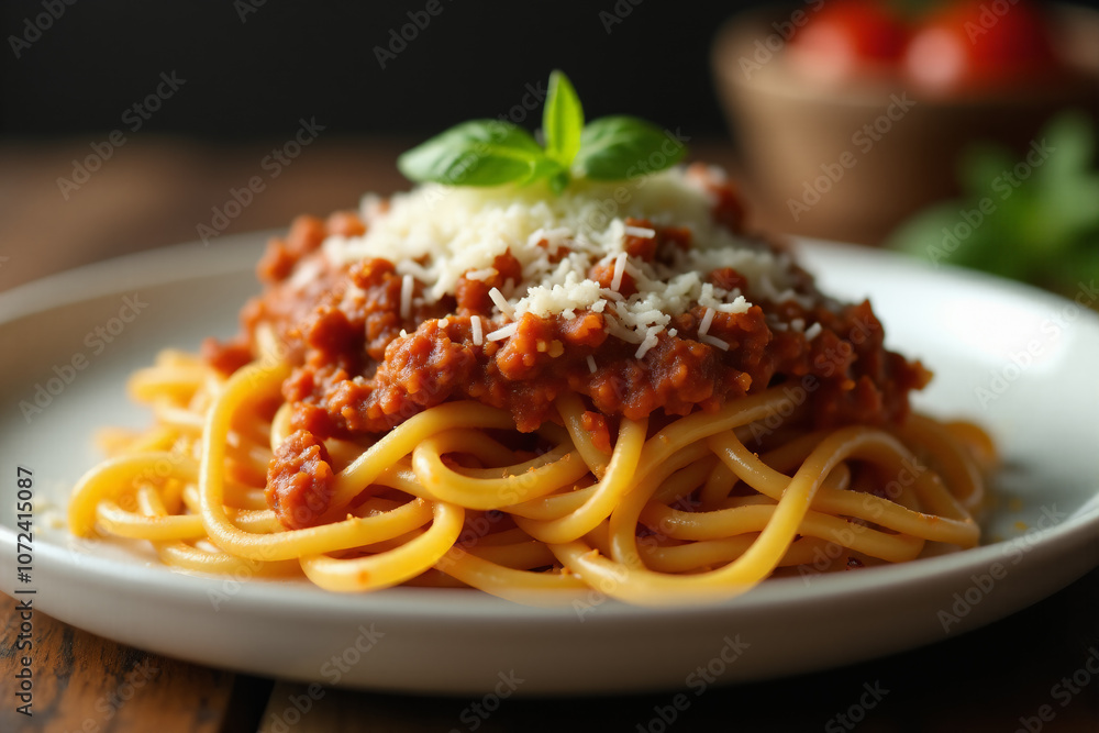Italian pasta bolognese with cheese on a plate close-up Italian pasta bolognese with cheese on a plate close-up