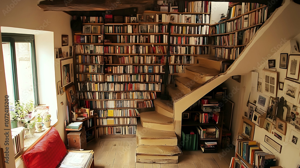 A cozy reading nook with a staircase lined with bookshelves. A cozy reading nook with a staircase lined with bookshelves.