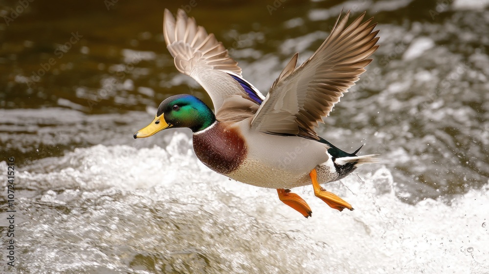 Mallard Duck in Flight Over a Water Current