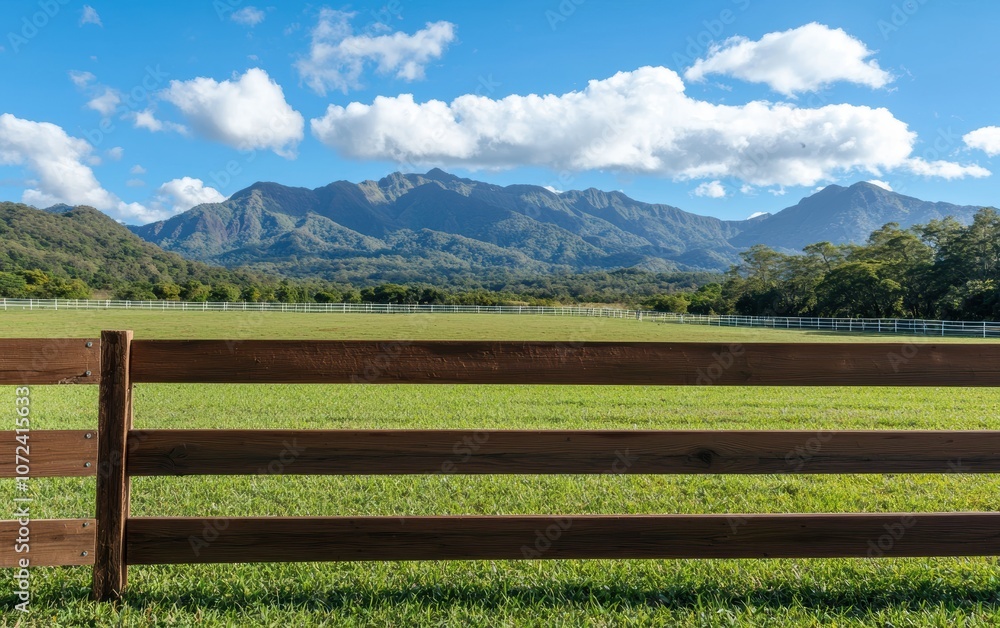 A tranquil landscape featuring a wooden fence in front of lush fields and mountains under a clear blue sky with fluffy clouds. A tranquil landscape featuring a wooden fence in front of lush fields and mountains under a clear blue sky with fluffy clouds.
