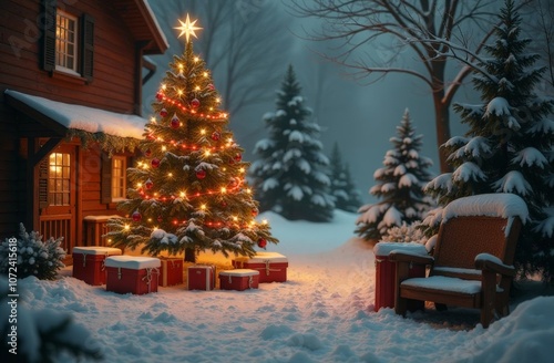 Wallpaper Mural New Year's photo zone with snow near a cafe bakery. Christmas decor: toys, Christmas trees, bench, garland, glowing light bulbs. festive mood. picture for postcard Torontodigital.ca