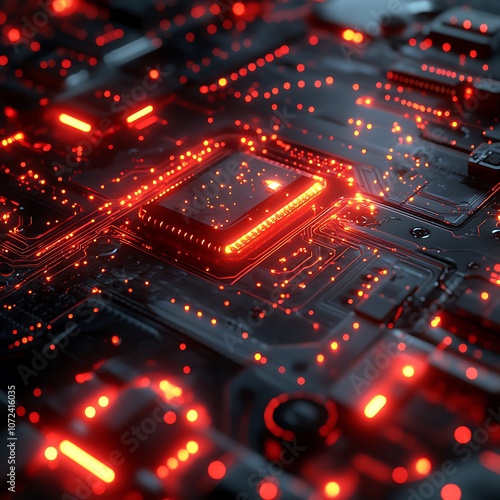 Advanced Circuit Board Futuristic Orange Lights Complex Design Picture