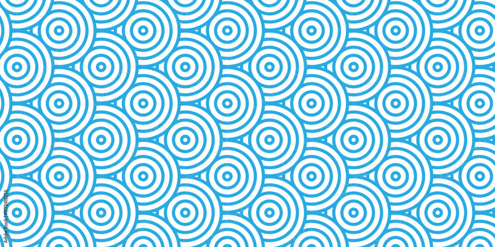 Fototapeta premium Abstract Overlapping Pattern. Seamless geometric ocean spiral pattern and abstract circle wave lines. blue seamless tile stripe geomatics create retro square line backdrop pattern background.