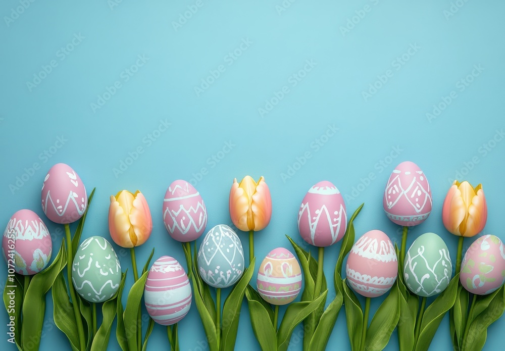 Pastel Easter Eggs and Tulips on Blue Background Pastel Easter Eggs and Tulips on Blue Background