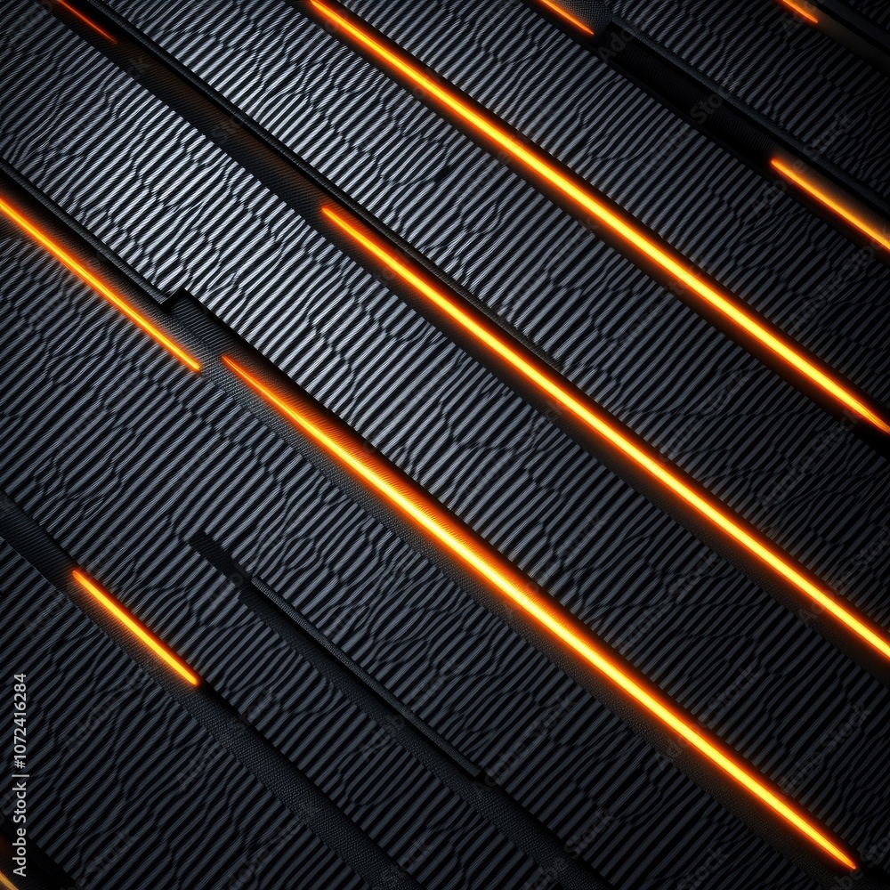 Obraz premium Modern Dark angled block carbon fiber with orange luminous lines and highlights background