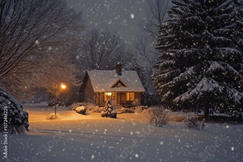 A Cozy Cabin Illuminated by Snowfall in the Winter Night