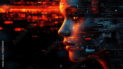 A futuristic digital face depicts glowing circuit patterns representing advanced technology and artificial intelligence scenes.