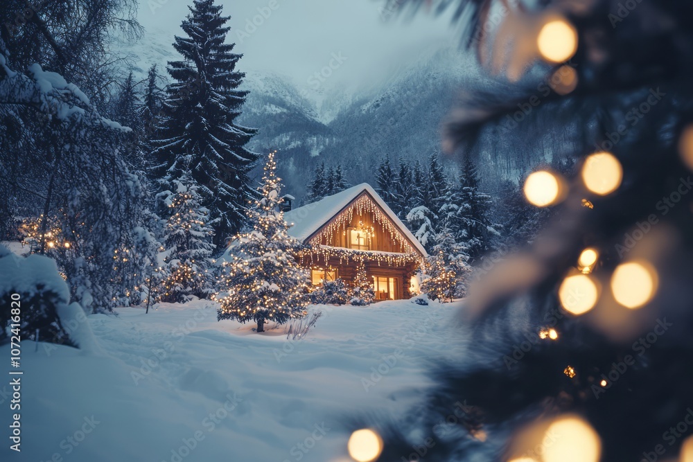 A Cozy Cabin Adorned with Lights in a Snowy Forest A Cozy Cabin Adorned with Lights in a Snowy Forest
