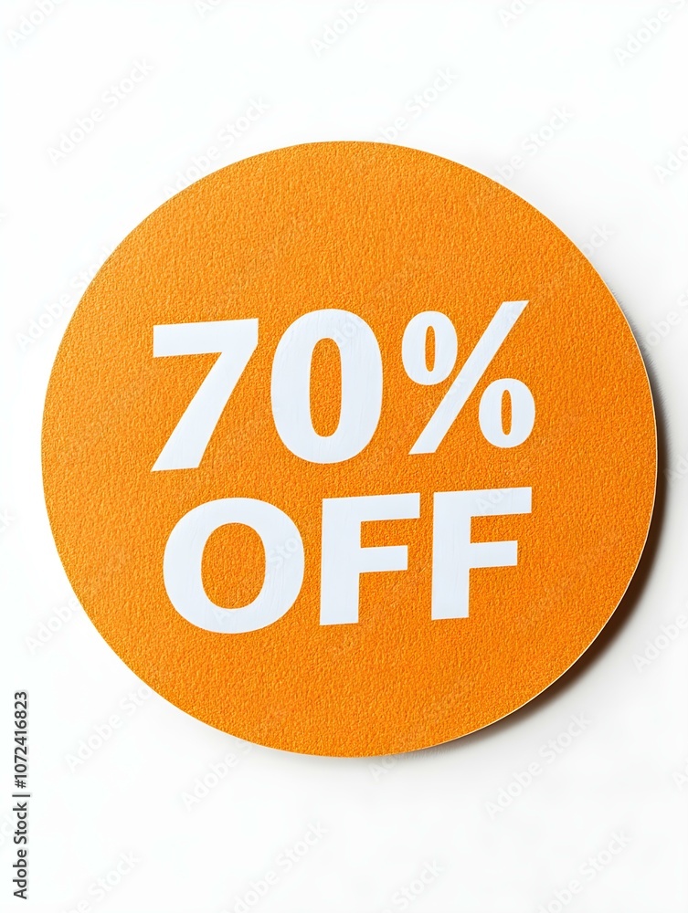 White '70% OFF' Text on a Light Orange Round Paper Note. White Background White '70% OFF' Text on a Light Orange Round Paper Note. White Background