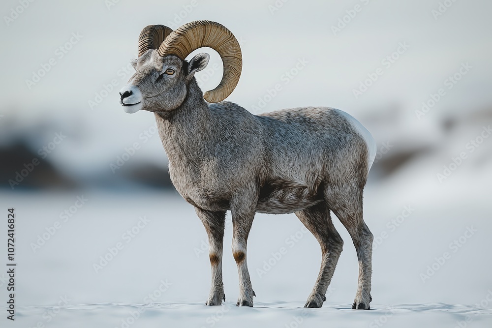 Naklejka premium Majestic bighorn sheep standing in snowy landscape with curved horns