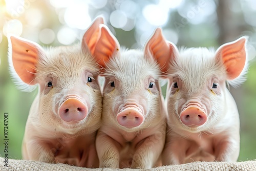 Three adorable piglets huddled closely together outdoors, with soft natural lighting and a blurred background. Perfect for themes of rural life, innocence, and farm animals photo