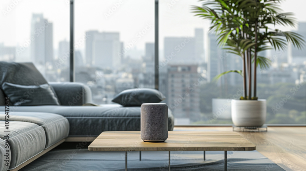 Modern comfort and technology concept. White smart speaker placed on a cozy living room floor and plant Modern comfort and technology concept. White smart speaker placed on a cozy living room floor and plant