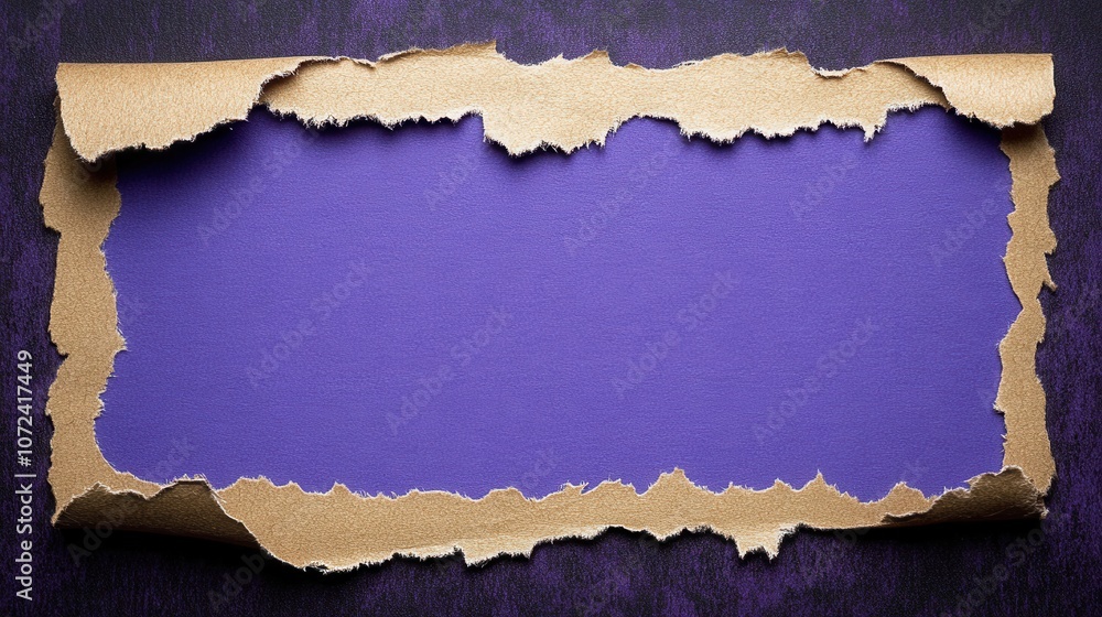 Fototapeta premium Torn brown paper revealing purple textured background for creative design