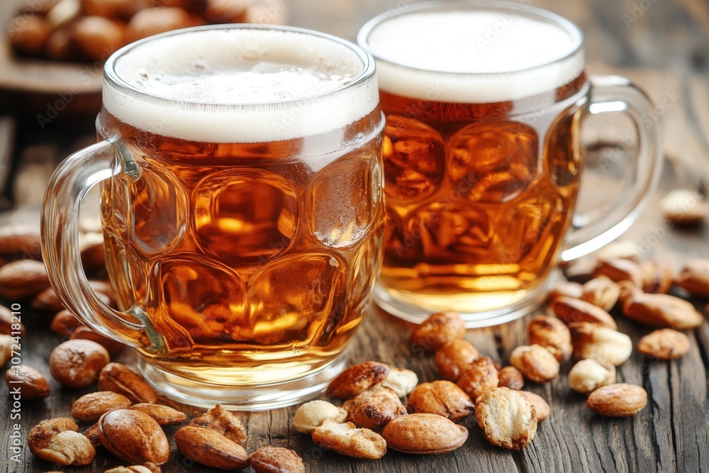 Closeup of two beer mugs with frothy ale roasted peanuts Closeup of two beer mugs with frothy ale roasted peanuts