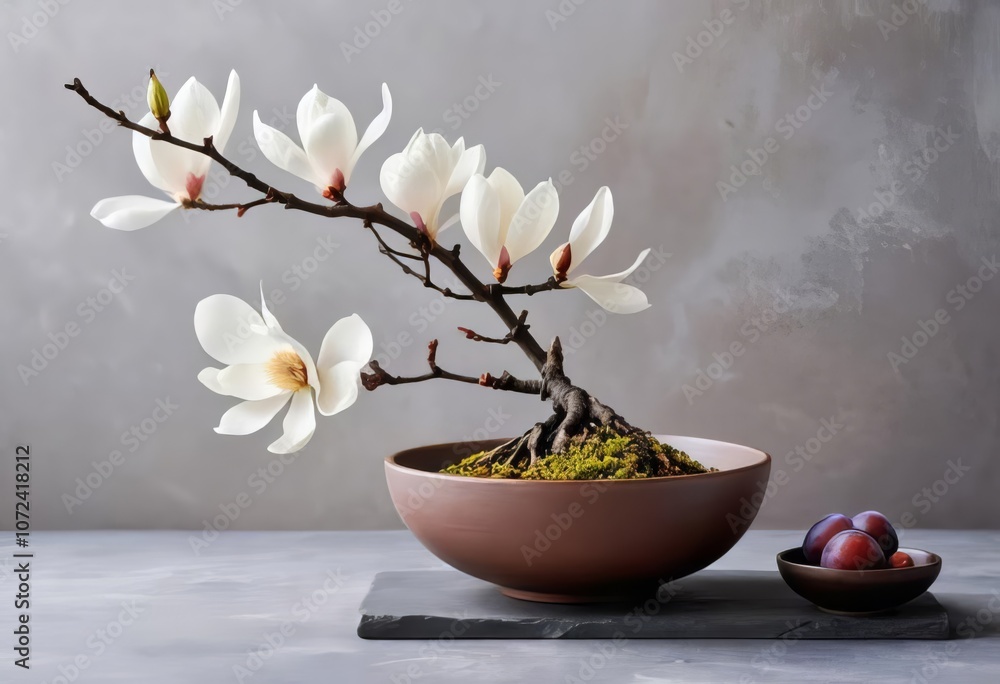 A floral arrangement with magnolia and plum branch flowers in a ceramic bowl on a table A floral arrangement with magnolia and plum branch flowers in a ceramic bowl on a table