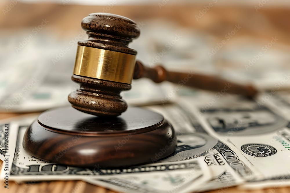 Wooden judge gavel or auction hammer on pile of US dollar banknotes, symbolizing legal fees, financial law, monetary judgment or court settlement. Wooden judge gavel or auction hammer on pile of US dollar banknotes, symbolizing legal fees, financial law, monetary judgment or court settlement.