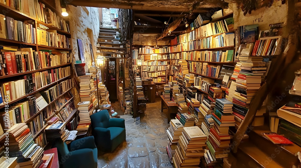 A cozy, well-stocked bookstore with stacks of books lining the walls and two comfy armchairs in the foreground. A cozy, well-stocked bookstore with stacks of books lining the walls and two comfy armchairs in the foreground.