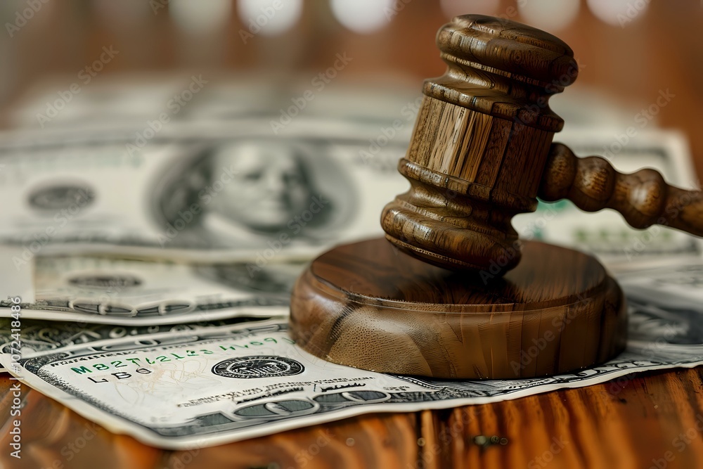 Wooden judge gavel or auction hammer on US dollar banknotes, symbolizing legal fees, financial law, monetary judgment, or court settlement costs. Wooden judge gavel or auction hammer on US dollar banknotes, symbolizing legal fees, financial law, monetary judgment, or court settlement costs.