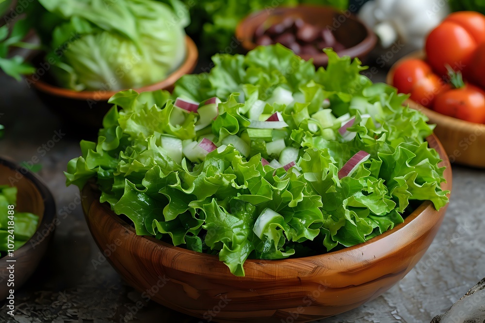 Fresh green lettuce leaves in rustic wooden bowl, perfect for healthy eating and food styling, with tomatoes and ingredients in dark moody background. Fresh green lettuce leaves in rustic wooden bowl, perfect for healthy eating and food styling, with tomatoes and ingredients in dark moody background.