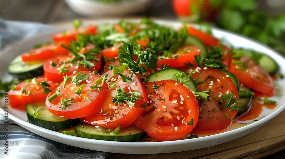 Fresh sliced tomatoes garnished with herbs and olive oil on white ceramic plate, perfect for healthy Mediterranean cuisine and food photography. Fresh sliced tomatoes garnished with herbs and olive oil on white ceramic plate, perfect for healthy Mediterranean cuisine and food photography.