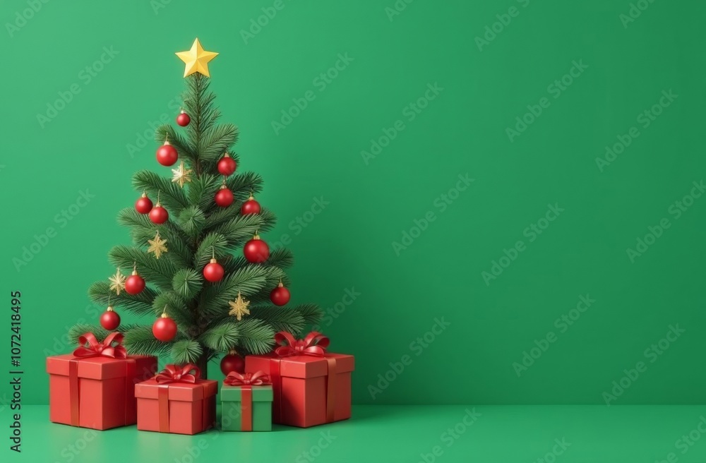 Fototapeta premium New Year's decor in a photo studio in gray and white colors. A snow-white tree, gifts and lanterns, defocus. sofa and snow. Location for a photo shoot. Christmas