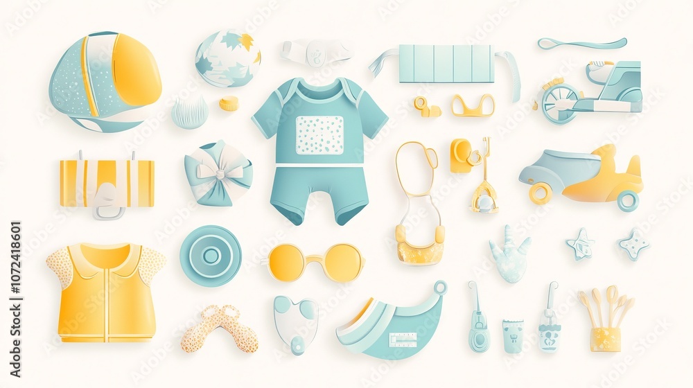 Fototapeta premium Baby clothes with accessories arranged on a simple background.
