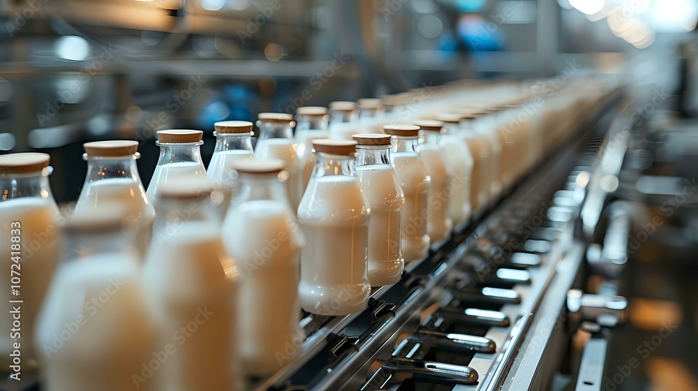 A close-up view of a modern milk production line featuring neatly arranged glass bottles filled with milk on a conveyor belt, showcasing efficiency and cleanliness in a dairy processing facility. A close-up view of a modern milk production line featuring neatly arranged glass bottles filled with milk on a conveyor belt, showcasing efficiency and cleanliness in a dairy processing facility.