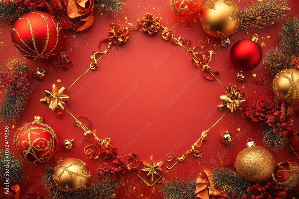 Red and Gold Christmas Ornament Border with Pine Branches Red and Gold Christmas Ornament Border with Pine Branches