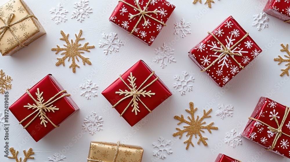 A festive arrangement of red and gold wrapped gifts surrounded by snowflakes against a light background, perfect for holiday celebrations. A festive arrangement of red and gold wrapped gifts surrounded by snowflakes against a light background, perfect for holiday celebrations.
