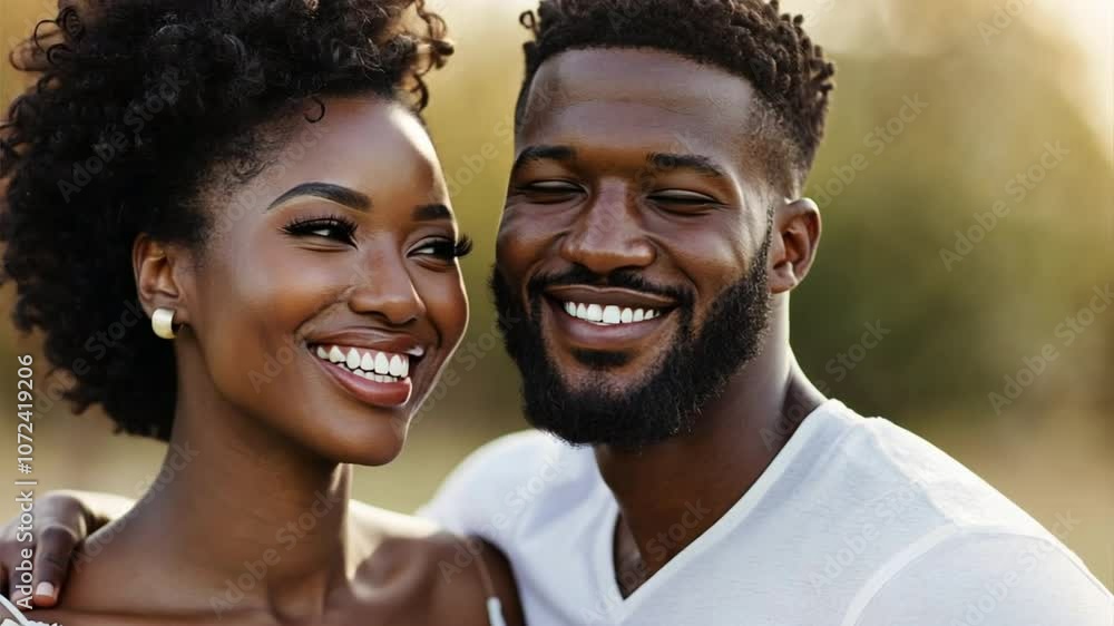 Couple's Shared Laughter: A radiant Black couple shares a tender moment, their eyes locked in a gaze of adoration, radiating warmth and genuine happiness. Their laughter is contagious. Couple's Shared Laughter: A radiant Black couple shares a tender moment, their eyes locked in a gaze of adoration, radiating warmth and genuine happiness. Their laughter is contagious.