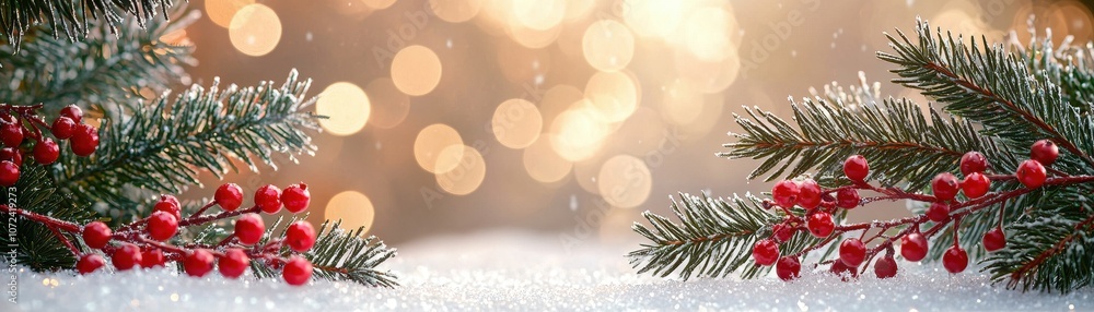 A winter scene featuring evergreen branches adorned with red berries, set against a softly blurred golden bokeh background. A winter scene featuring evergreen branches adorned with red berries, set against a softly blurred golden bokeh background.