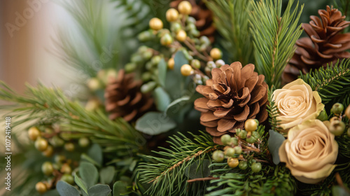 Close-up image of bright green branches of a various coniferous plants with roses and pinecones