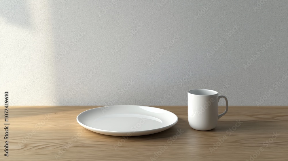 A white plate and a white cup are on a wooden table A white plate and a white cup are on a wooden table