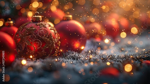 red christmas background with lights and red Christmas tree balls, macro